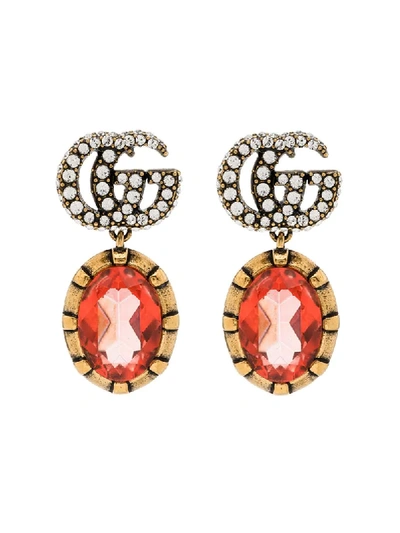 Shop Gucci Gg Gold-tone Crystal-embellished Drop Earrings In Red