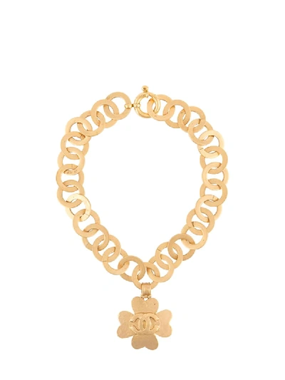 Pre-owned Chanel 1990 Cc Clover Necklace In Gold