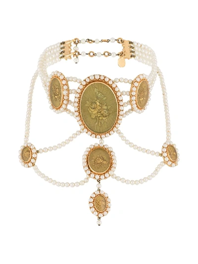 Pre-owned Dior 1999  Pearl Coin Necklace In Gold