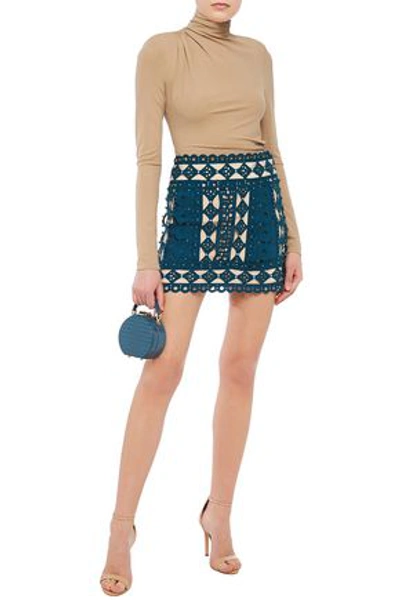 Shop Zimmermann Moncur Studded Broderie Anglaise Silk Crepe De Chine And Cotton-canvas Mini Skirt In Teal
