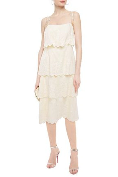 Shop Zimmermann Primrose Tiered Embroidered Linen Midi Dress In Cream