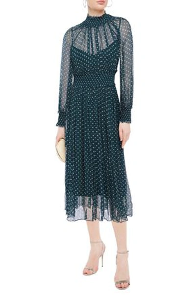 Shop Zimmermann Moncur Shirred Polka-dot Crepon Midi Dress In Teal