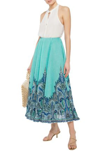 Shop Zimmermann Moncur Printed Plissé-organza Midi Skirt In Turquoise