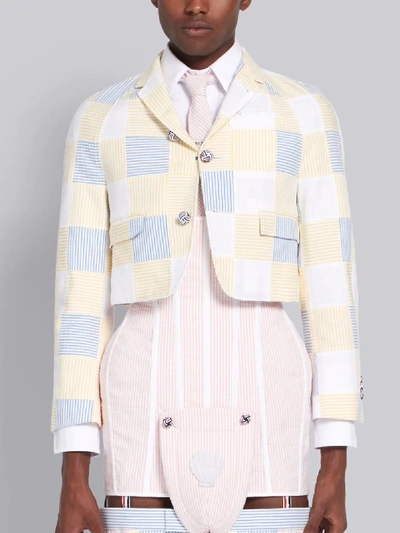 Shop Thom Browne Yellow Seersucker Square Patchwork Cropped Sport Coat
