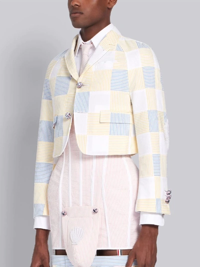 Shop Thom Browne Yellow Seersucker Square Patchwork Cropped Sport Coat