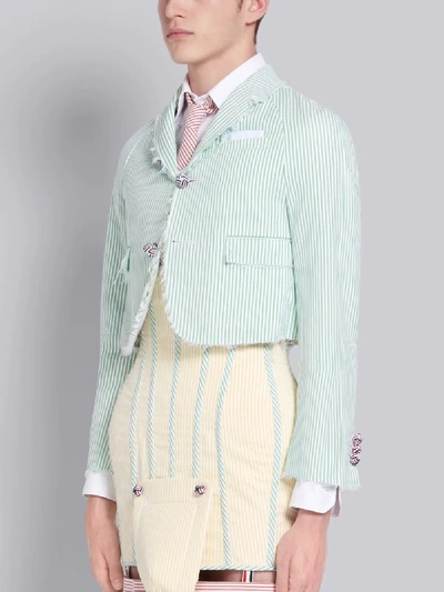 Shop Thom Browne Green Seersucker Stripe Cropped Frayed Sport Coat