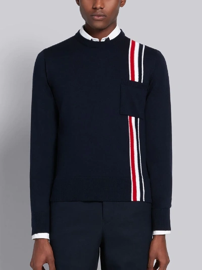 Shop Thom Browne Navy Merino Wool Jersey Tricolor Intarsia Stripe Crewneck Pullover In Blue