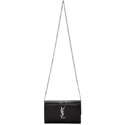 Shop Saint Laurent Black Croc Uptown Wallet Bag In 1000 Black