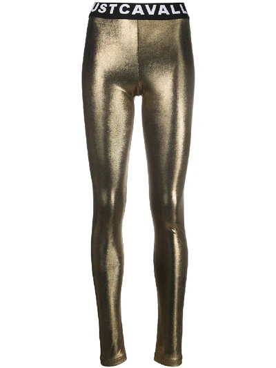 Shop Just Cavalli Metallic Logo Leggings In Gold