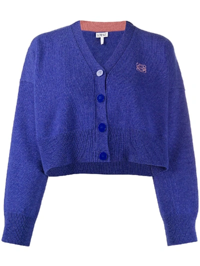 Shop Loewe Anagram Embroidered Cropped Cardigan In Blue