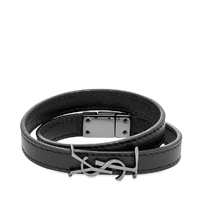 Shop Saint Laurent Ysl Double Wrap Leather Bracelet In Black