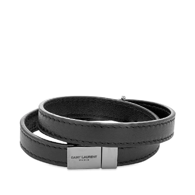 Shop Saint Laurent Ysl Double Wrap Leather Bracelet In Black