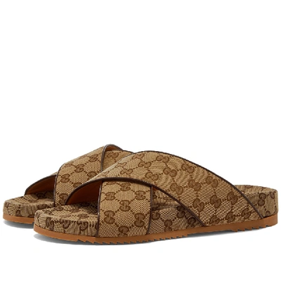 Shop Gucci Strap Gg Covered Slide In Brown