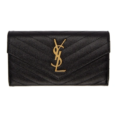 Shop Saint Laurent Black And Gold Large Monogramme Flap Wallet In 1000 Black