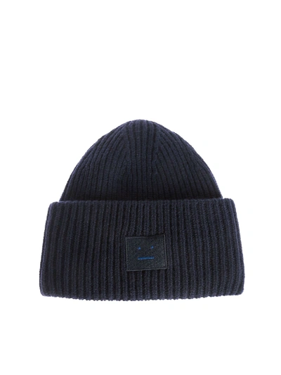 Shop Acne Studios Pansy N Face Ribbed Beanie In Navy Blue