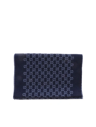 Shop Gucci Jacquard Scarf In Blue Featuring Gg Pattern