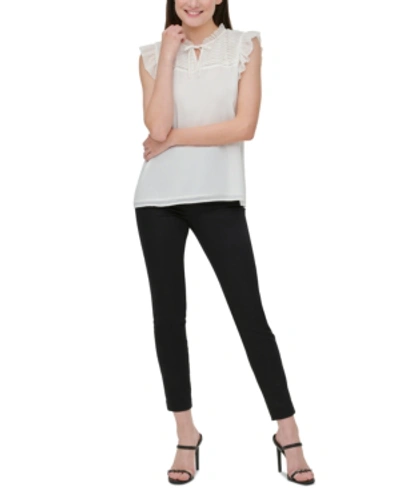 Shop Calvin Klein Pleated-yoke Flutter-sleeve Top In Soft White