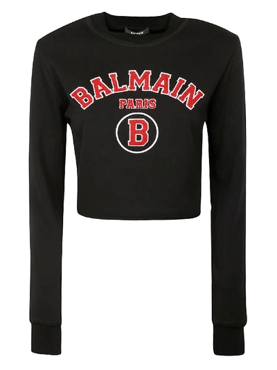 Shop Balmain Logo Detail Cropped Pullover In Black