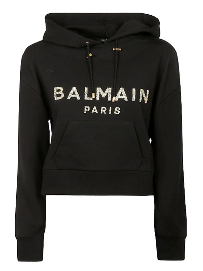 Shop Balmain Embellished Logo Hoodie In Black