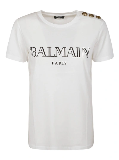Shop Balmain Logo Print Embellished Shoulder T-shirt In White/black