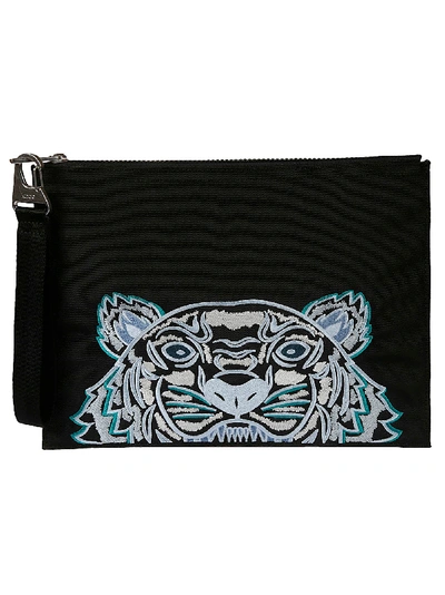 Shop Kenzo Logo Embroidered Clutch In Black/blue
