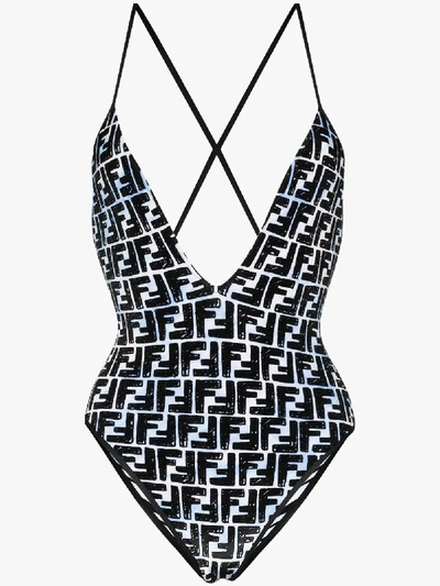 Shop Fendi Ff Print V-neck Swimsuit In Blue