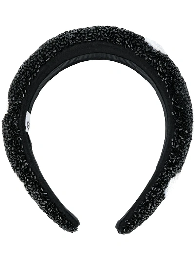 Shop Ganni Polka-dot Bead-embroidered Headband In Black