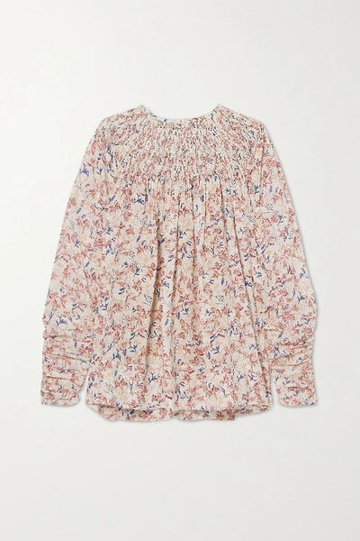 Shop Chloé Ruched Shirred Floral-print Silk Blouse In White