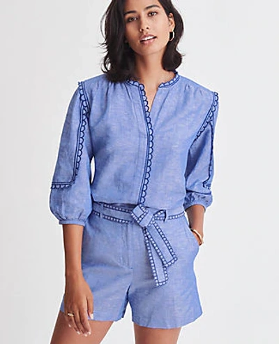 Shop Ann Taylor Chambray Scalloped Popover Top In Blue Chambray