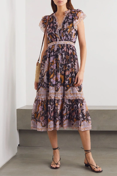 Shop Ulla Johnson Celestia Ruffled Printed Fil Coupé Silk And Lurex-blend Dress In Midnight Blue