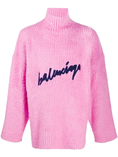 Shop Balenciaga Scribble Embroidered Logo Knitted Jumper In Pink