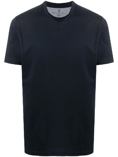 Shop Brunello Cucinelli Cotton V-neck T-shirt In Blue
