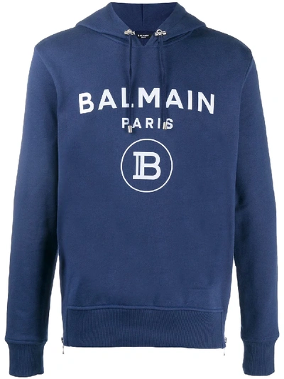 Shop Balmain Logo Printed Hoodie In Blue