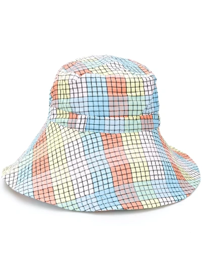 Shop Ganni Seersucker Check Bucket Hat In Blue