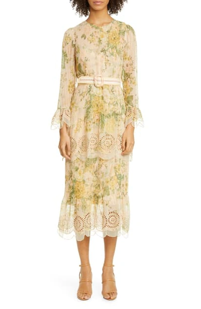 Shop Zimmermann Amelie Floral Pintuck Long Sleeve Cotton & Silk Midi Dress In Peach Floral
