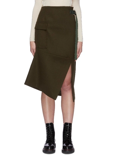 Shop Sacai Slit Twisted Melton Wool Skirt In Green