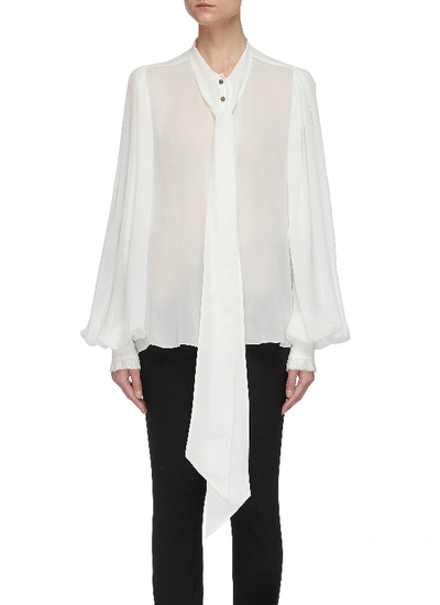 Shop Balmain Ascot Bow Sheer Silk Georgette Blouse In White