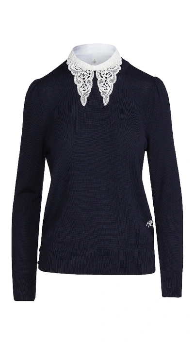 Shop Adam Lippes Crew Neck Sweater With Detachable Lace Collar In Navy