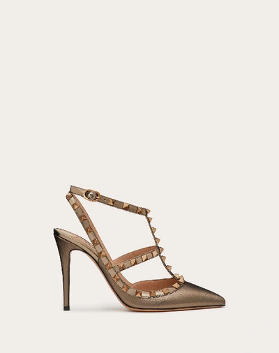 Shop Valentino Garavani Rockstud Metallic Ankle Strap Pump 100 Mm In Stone