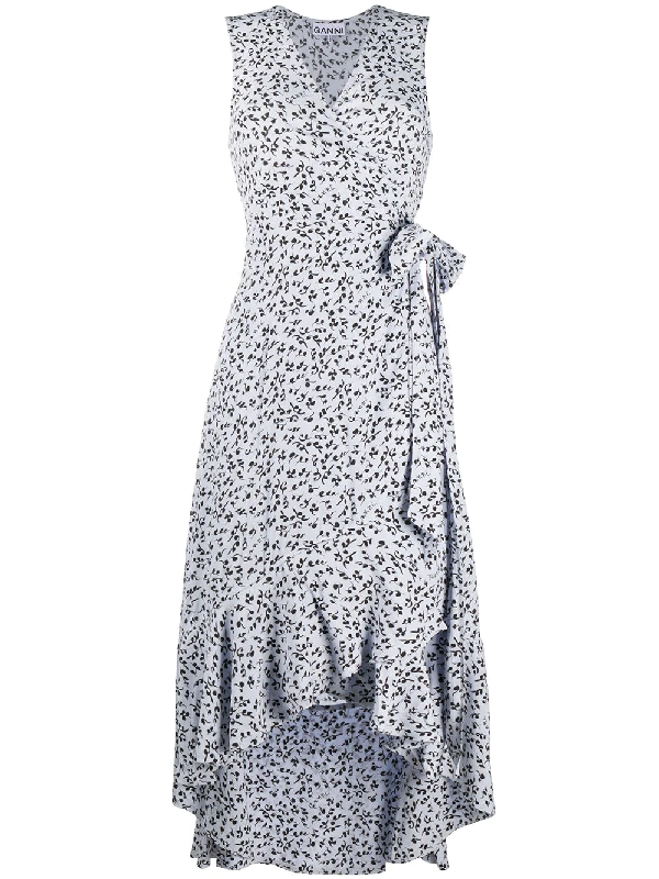 Ganni Floral-print Wrap-around Dress In Blue | ModeSens