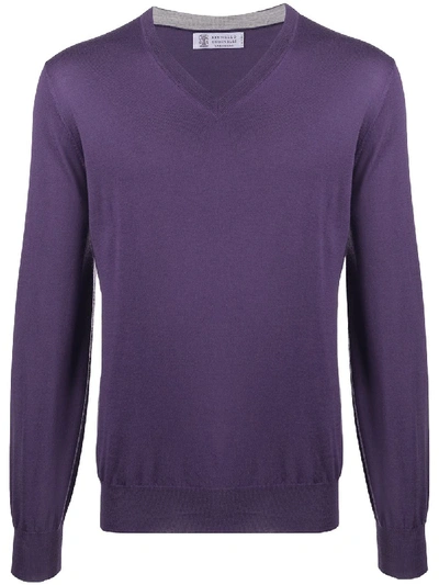 Shop Brunello Cucinelli Rib-trimmed V-neck Jumper In Purple