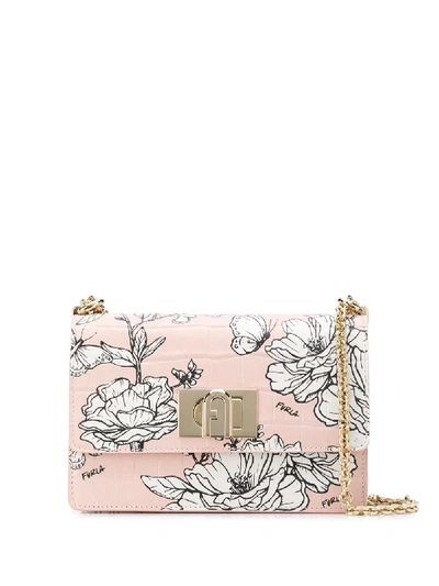 Shop Furla 1927 Floral-print Croc-effect Shoulder Bag In Pink