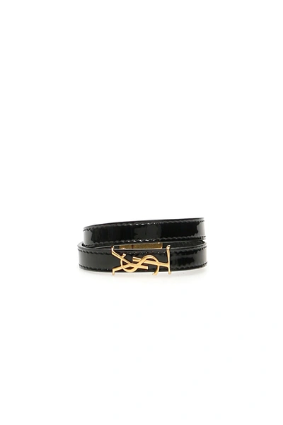 Shop Saint Laurent Logo Double Ysl Glove Patent Bracelet In Black