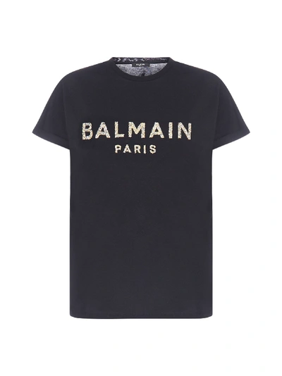 Shop Balmain Logo Cotton T-shirt In Noir Or