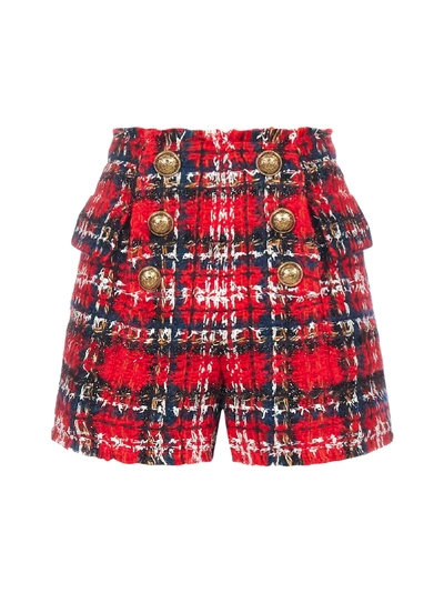 Shop Balmain Buttoned Tartan Wool-blend Tweed Shorts In Rouge Multico
