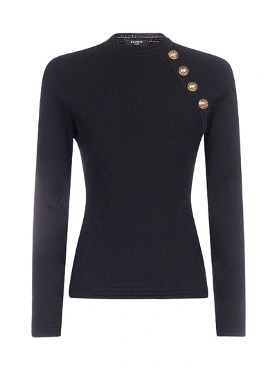 Shop Balmain Buttoned Stretch Knit Sweater In Noir