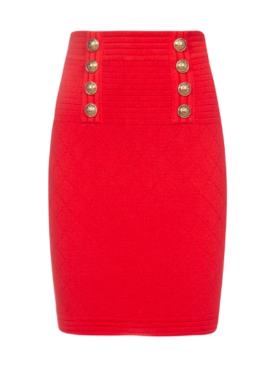 Shop Balmain Buttoned Stretch Knit Skirt In Rouge