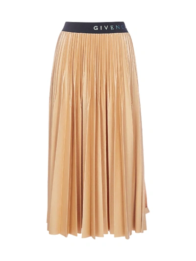 Shop Givenchy Logo Pleated Midi Skirt In Beige Black