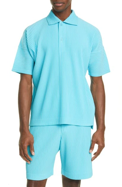 Shop Issey Miyake May Pleated Polo Shirt In 70 Turquoise Blue