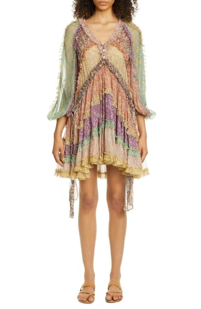 Shop Zimmermann Carnaby Floral Ruffle Tiered Silk Minidress In Spliced